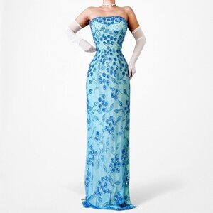 Vintage Blue Strapless Floral Beaded Silk Side Slit Maxi Bodycon Prom Dress L